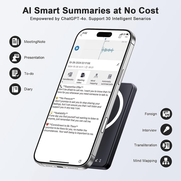 AI Note Voice Recorder with ChatGPT-Powered Transcription, Summary & Translation, 21 Languages, 64GB, Wireless Charging, for Meetings, Lectures & Calls