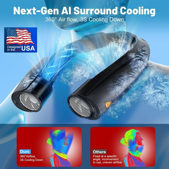 AI Portable Neck Fan with 6 Speeds, 8000mAh Battery, -Quiet 360° Cooling for Travel & Outdoor Use