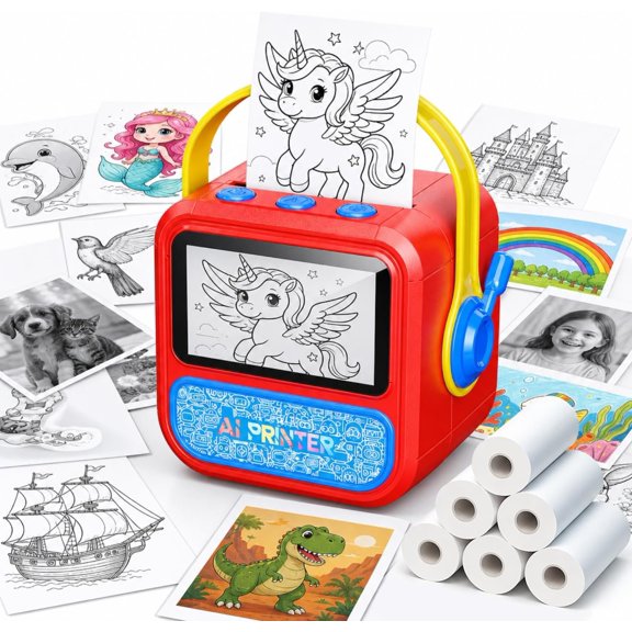 AI Printer - Voice-Activated Mini Printer with App, 6 Rolls Paper, 6 AI Art Styles | Print Photos, Labels, Doodles & Coloring Pages - Screen-Free Creative Fun for