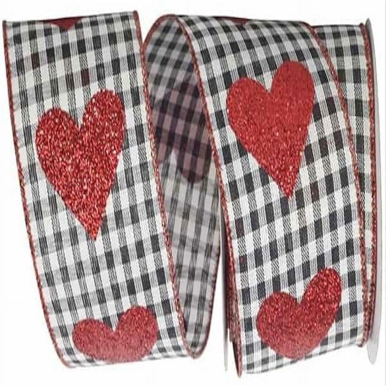 AI-RI40707-Q01 2.5 in. x 10 Yards Wired Glitter Red Hearts on Black & White Gingham Checks Ribbon