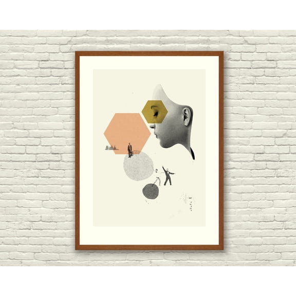 AI Robot Creator Collage Geometric Coral Gold Mid-Century Modern Wall Art, Unframed Poster