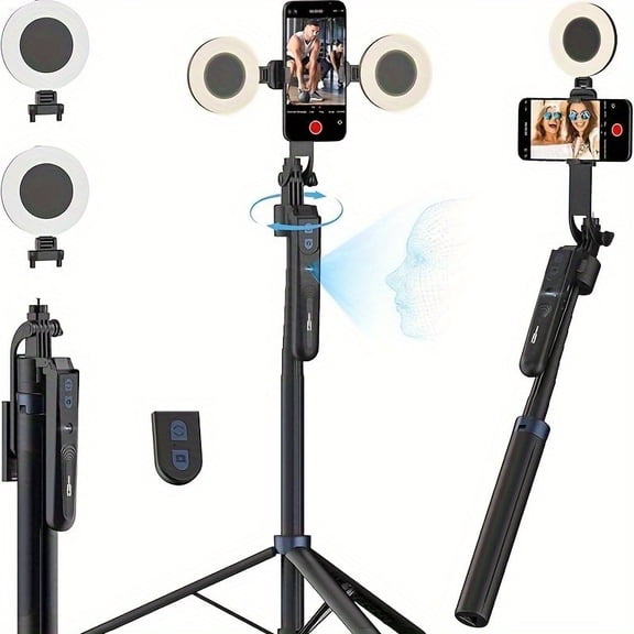 AI Selfie Stick Tripod with Auto Face Tracking, 360 Rotation, Dual Ring Light, Remote, 70" Extendable for iPhone 16/15/14/Pro/Android, Travel Vlog