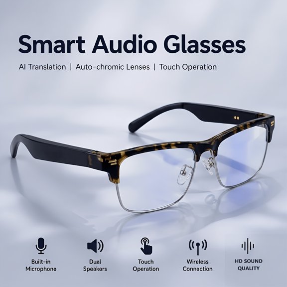 AI Smart Audio Glasses, 164 Languages Real-Time Video Translator, AI Chat & Voice Assistant, Built-in Mic Speaker, Wireless Call & Music Player for Outdoor Use