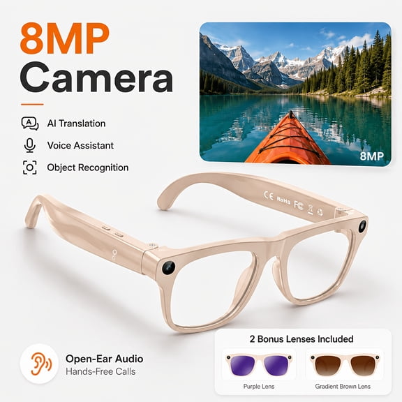 AI Smart Camera Glasses, Bluetooth 5.3 Smart Glasses with AI Translator & Voice Assistant, Hands‑Free Calling, First‑Person POV Video Recording for Vlogging, Cycling & Travel, Compatible with Smartph