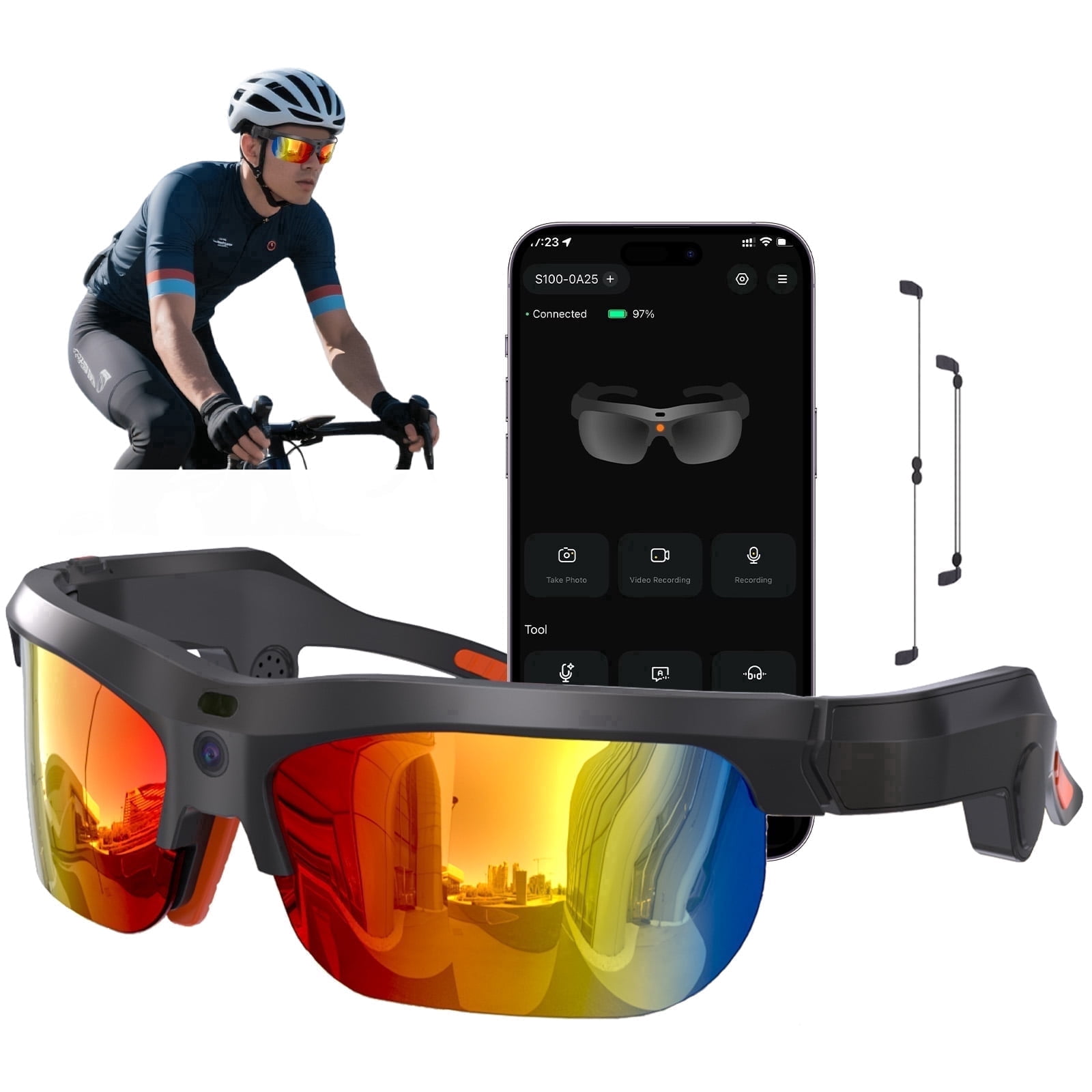 AI Smart Sports Glasses – 20MP Camera, EIS Video, Open-Ear Audio, Real-Time Translation, Photochromic UV400 Lenses for Cycling & Hiking, Red
