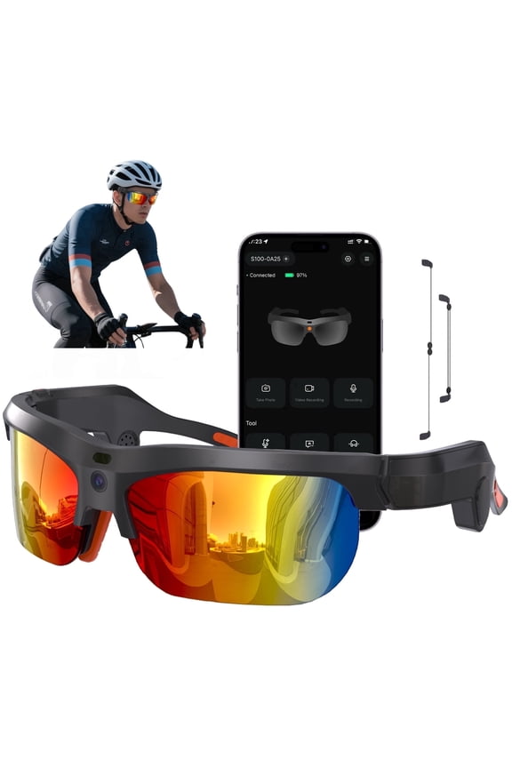 AI Smart Sports Glasses – 20MP Camera, EIS Video, Open-Ear Audio, Real-Time Translation, Photochromic UV400 Lenses for Cycling & Hiking, Red