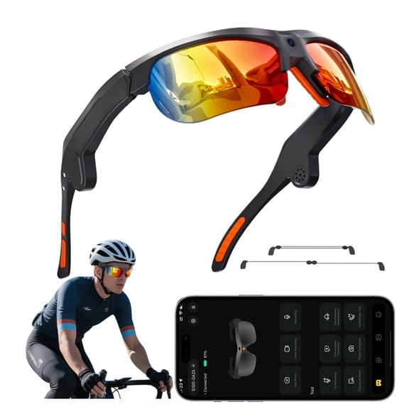 WEPMOUS Smart Sports Glasses with Camera, Bluetooth Audio, Photochromic Lenses, Red