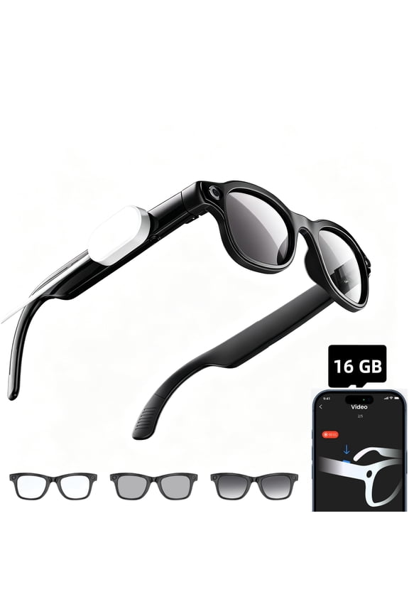 AI Smart Glasses 1080P HD Camera, BT Call, 8MP Anti-Shake Camera Glasses with Video Recording Dual Mic, Simultaneous Interpretation/Identify Objects, Voice Assistant, 300mAh, Photochromic Lenses(16G)