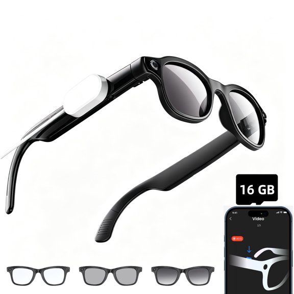 AI Smart Glasses 1080P HD Camera, BT Call, 8MP Anti-Shake Camera Glasses with Video Recording Dual Mic, Simultaneous Interpretation/Identify Objects, Voice Assistant, 300mAh, Photochromic Lenses(16G)