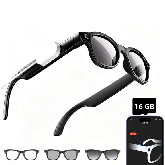 AI Smart Glasses 1080P HD Camera, BT Call, 8MP Anti-Shake Camera Glasses with Video Recording Dual Mic, Simultaneous Interpretation/Identify Objects, Voice Assistant, 300mAh, Photochromic Lenses(16G)