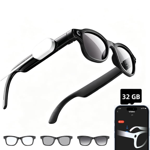 AI Smart Glasses 1080P HD Camera, BT Call, 8MP Anti-Shake Camera Glasses with Video Recording Dual Mic, Simultaneous Interpretation/Identify Objects, Voice Assistant, 300mAh, Photochromic Lenses(32G)