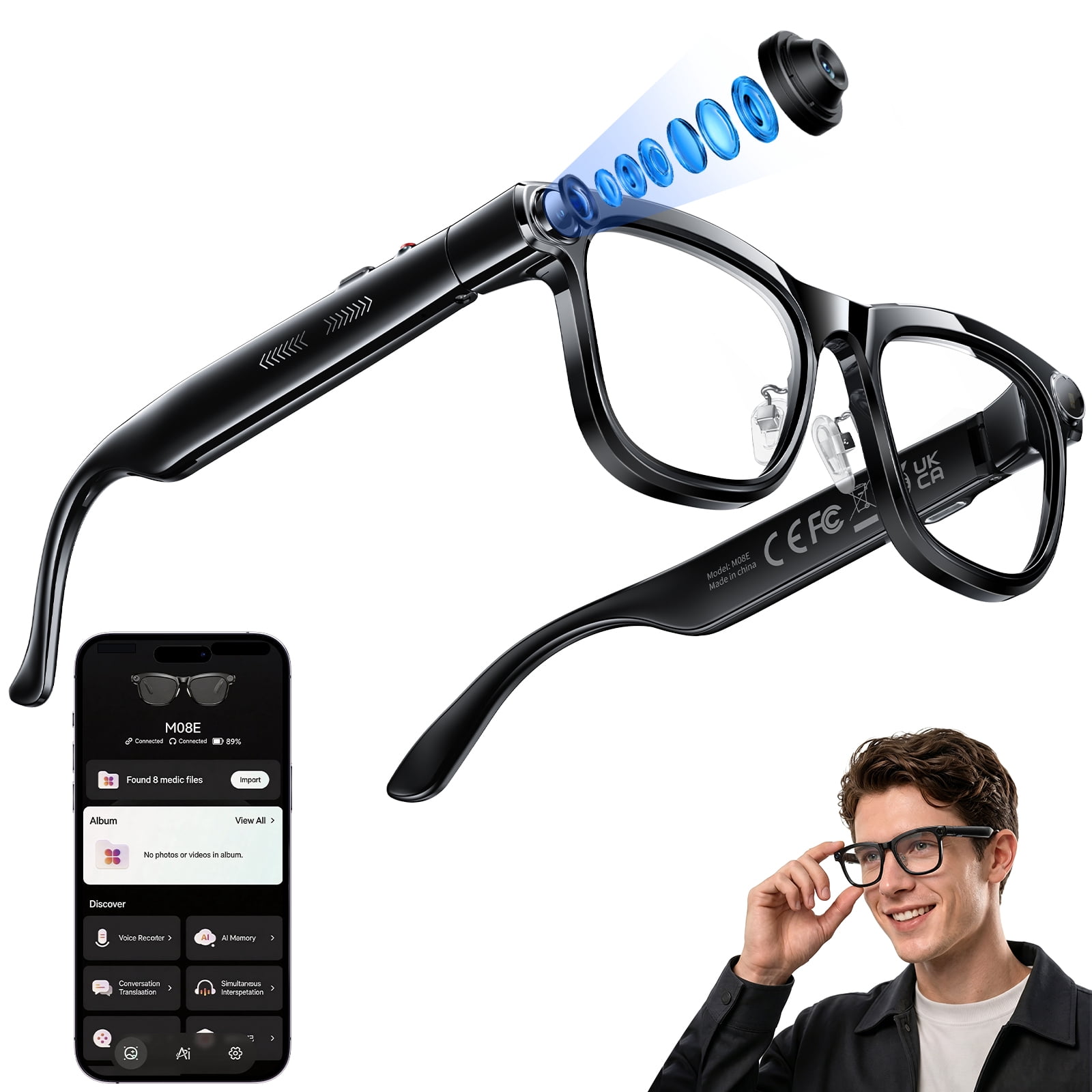 AI Smart Audio Glasses with 1080P Camera, Bluetooth 5.4 ENC Call, Multilingual Translation, Hands-Free Voice Control, IPX4 Waterproof, Long Battery Life for Outdoor Travel Commute - Walmart.com