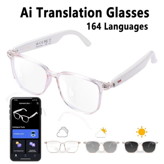 AI Smart Glasses with 160+ Language Real-Time Translation, Photochromic Lenses, Hands-Free Calls, Music, Noise Cancellation, Voice Assistant & Magnetic Charging - Ideal for Travel, Work & Sports