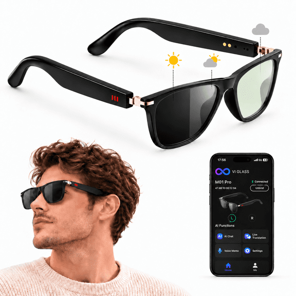 AI Smart Glasses with 25 Languages Translation, TR90 Frame Bluetooth Glasses with Voice Assistant, ENC Noise Cancelling Open Ear Audio for Work Travel
