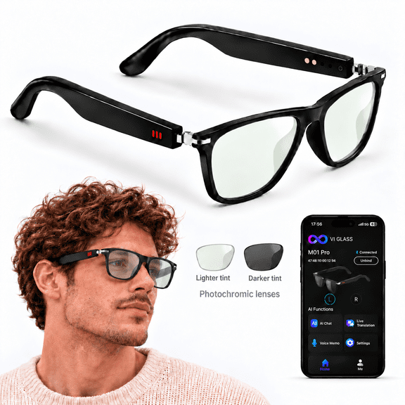 AI Smart Glasses with 25 Languages Translation, TR90 Frame Bluetooth Glasses with Voice Assistant, ENC Noise Cancelling Open Ear Audio for Work Travel