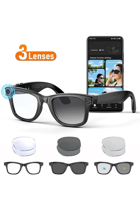 AI Smart Glasses 3x Lenses, 8MP HD Camera Glasses, AI Voice Control, AI Photo Recognition, Real-Time Translation, Smart Sunglasses with Bluetooth Call