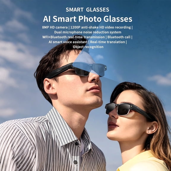 AI Smart Glasses, Gpt Vision 4K 8MP HD Camera, Anti-Shake Recording, AI Voice Control, Dual BT Call & Translate, UV Blue Light Tinted Lenses for Travel Meeting