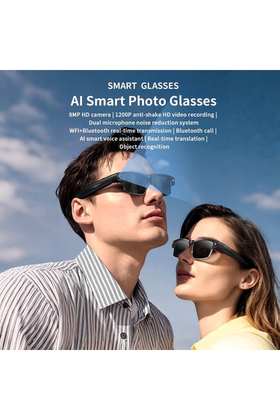 AI Smart Glasses, Gpt Vision 4K 8MP HD Camera, Anti-Shake Recording, AI Voice Control, Dual BT Call & Translate, UV Blue Light Tinted Lenses for Travel Meeting