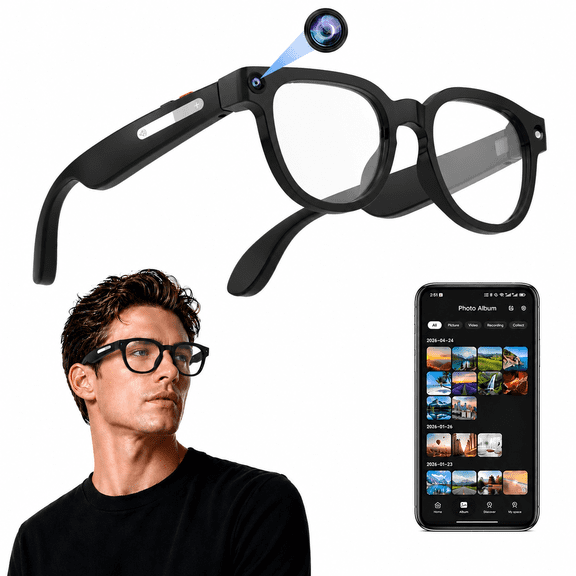 AI Smart Glasses, 4K HD Video & Photo Capture, Real-Time Translation, Recording Glasses with AI Assistant, Open-Ear Audio, Object Recognition, Bluetooth, for Travel (Clear, Black, and Blue Lenses)