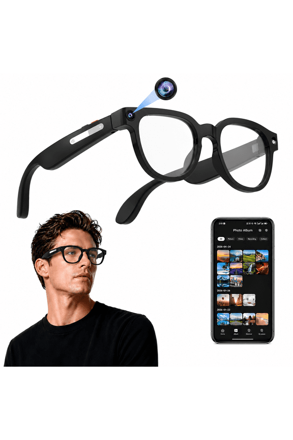 AI Smart Glasses, 4K HD Video & Photo Capture, Real-Time Translation, Recording Glasses with AI Assistant, Open-Ear Audio, Object Recognition, Bluetooth, for Travel (Clear, Black, and Blue Lenses)