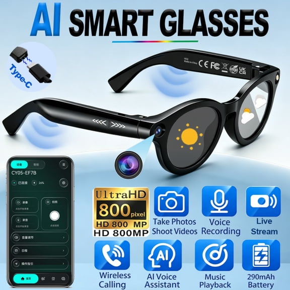 AI Smart Glasses with 8MP Camera, 1080P Video, Photo Capture, Real-Time Translation, Recording, AI Assistant, Open-Ear Audio, Bluetooth, Object Recognition