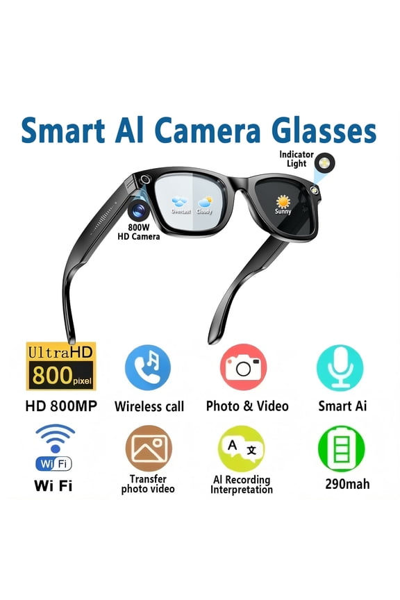 AI Smart Glasses with 8MP Camera, 4K Video & HD Photo, Bluetooth Audio, AI Voice Assistant, Real-Time Translation, Object Recognition, Noise-Cancel Calls, Music, Photochromic Lenses