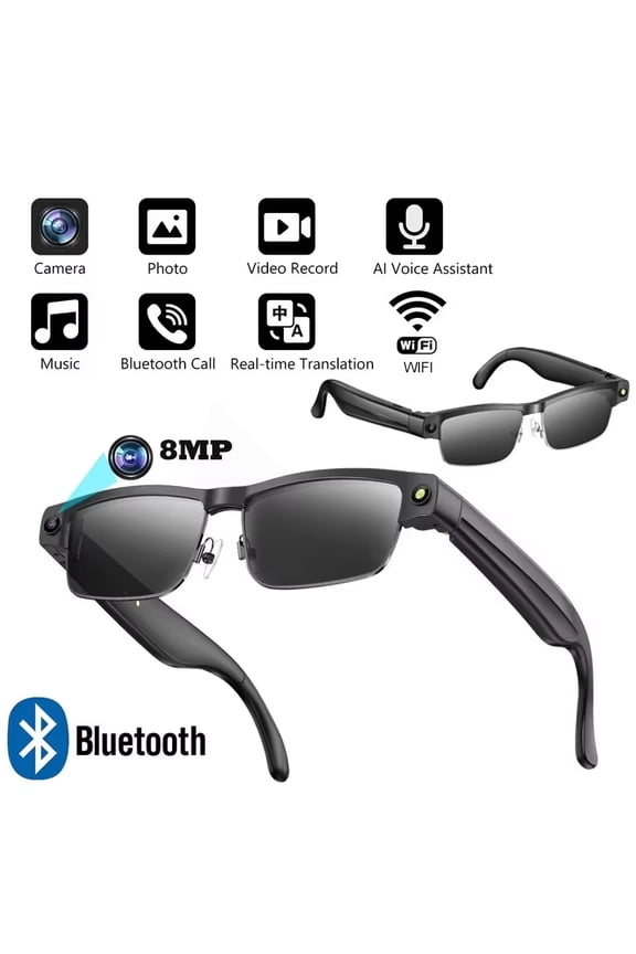 AI Smart Glasses with 8MP HD Camera, 1200P Stabilized Video, Dual Mic Noise Reduction Real-Time Translation & GPT Voice Assistant, WiFi Transmission, 270mAh Battery