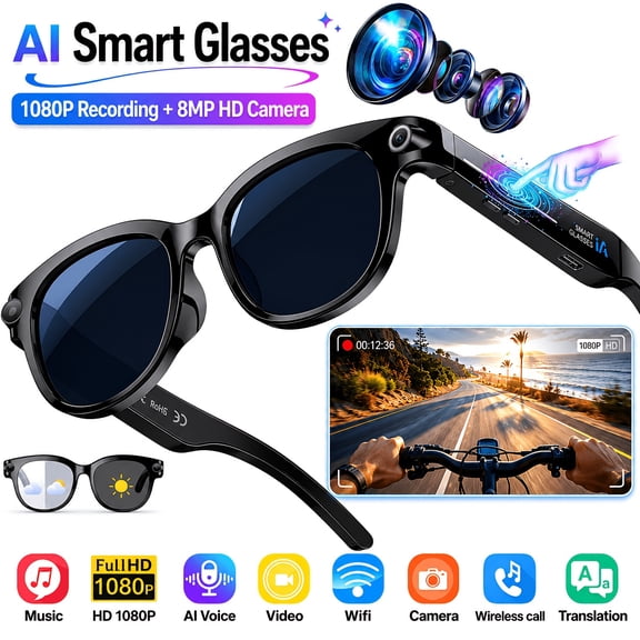 AI Smart Glasses with 8MP HD EIS Camera, Photochromic UV400 Lenses, Live Translation, Voice Control, Open-Ear Music, Dual-Mic Unisex Sunglasses for Travel, Work & Daily Use, Perfect Gift