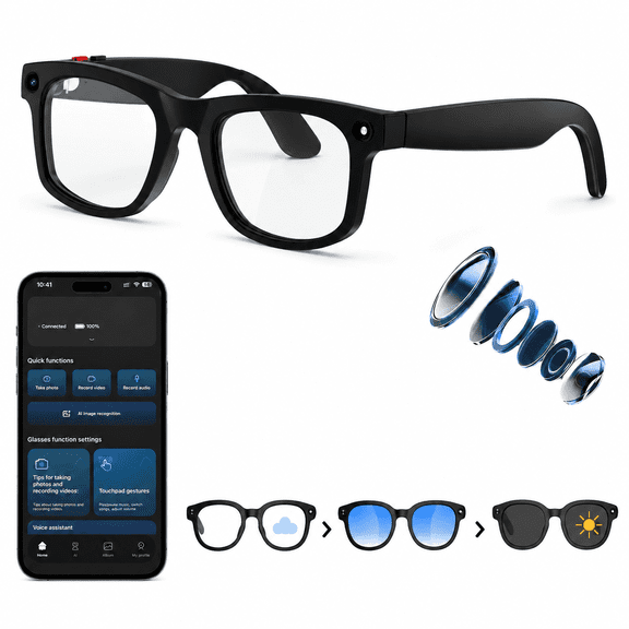 AI Smart Glasses with Camera,1080P Anti-Shake Video Recording, Real Time Translation,AI Voice Assistant,Object Recognition,Bluetooth Glasses for Men Women(Clear, Black, and Blue Lenses)