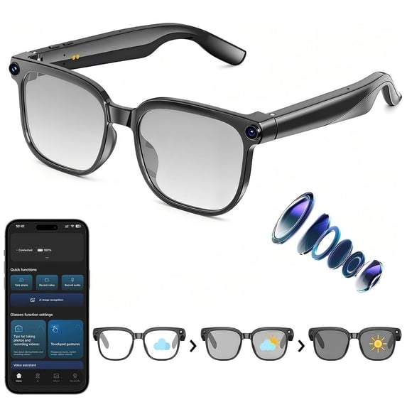 AI Smart Glasses with Camera, 1080P Video Recording Camera Glasses for Men and Women, Real Time Translation, AI Voice Assistant, Photochromic Lenses Sunglasses for Travel,(Black)