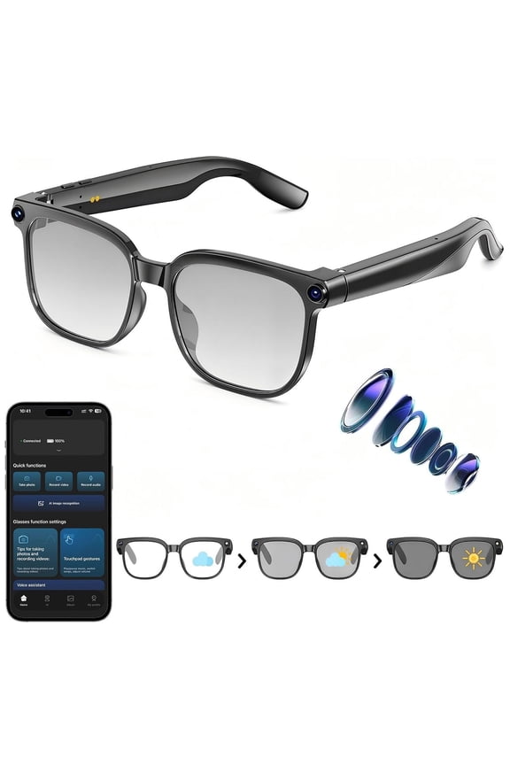 AI Smart Glasses with Camera, 1080P Video Recording Camera Glasses for Men and Women, Real Time Translation, AI Voice Assistant, Photochromic Lenses Sunglasses for Travel,(Black)