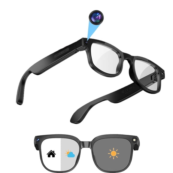 AI Smart Glasses with Camera, 1080P Video Recording Camera Glasses for Men and Women, Real Time Translation, AI Voice Assistant, Photochromic Lenses Sunglasses for Travel,(Black)