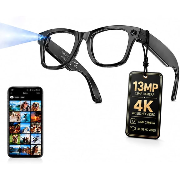 AI Smart Glasses with Camera, 13MP HD Capture, 4K EIS, Transparent Lenses Real-Time Translation, Dual Open-Ear Speakers, Object Recognition, AI Assistant, Bluetooth Calling, IP66 Water Resistance