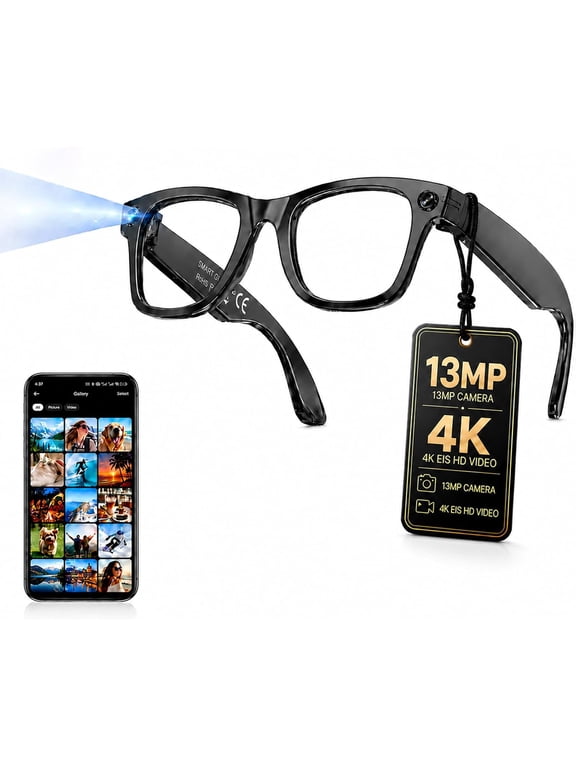 AI Smart Glasses with Camera, 13MP HD Capture, 4K EIS, Transparent Lenses Real-Time Translation, Dual Open-Ear Speakers, Object Recognition, AI Assistant, Bluetooth Calling, IP66 Water Resistance