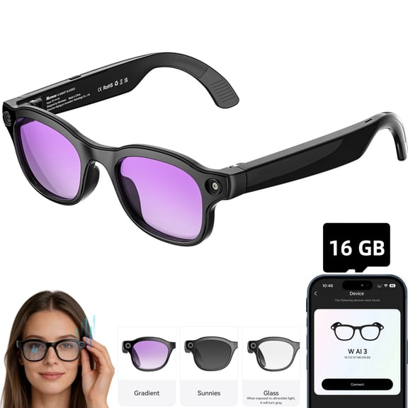 AI Smart Glasses with Camera, 3 Lenses, 8MP HD Bluetooth Camera Glasses, Video Recording Sunglasses for Women Men, Real Time Translation, Voice Assistant, Open-Ear Audio for Travel, Work, Vlog(16G)