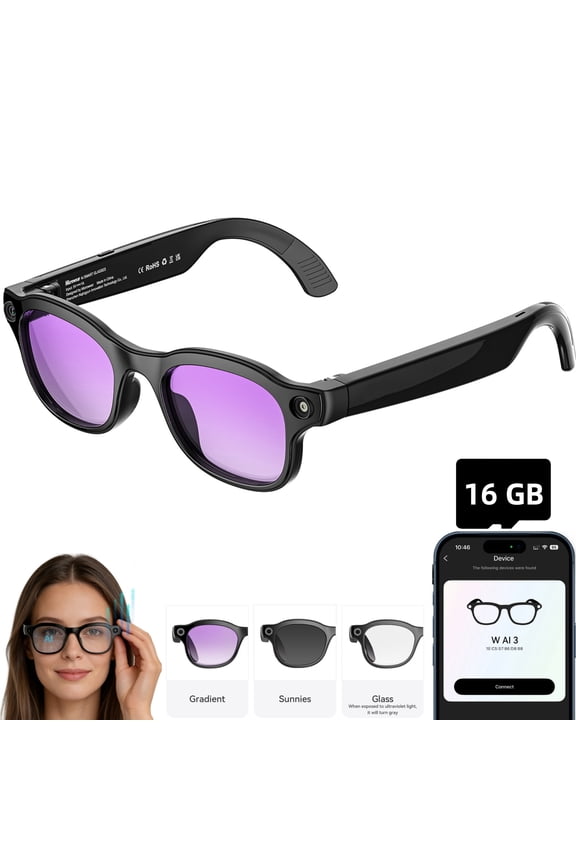 AI Smart Glasses with Camera, 3 Lenses, 8MP HD Bluetooth Camera Glasses, Video Recording Sunglasses for Women Men, Real Time Translation, Voice Assistant, Open-Ear Audio for Travel, Work, Vlog(16G)