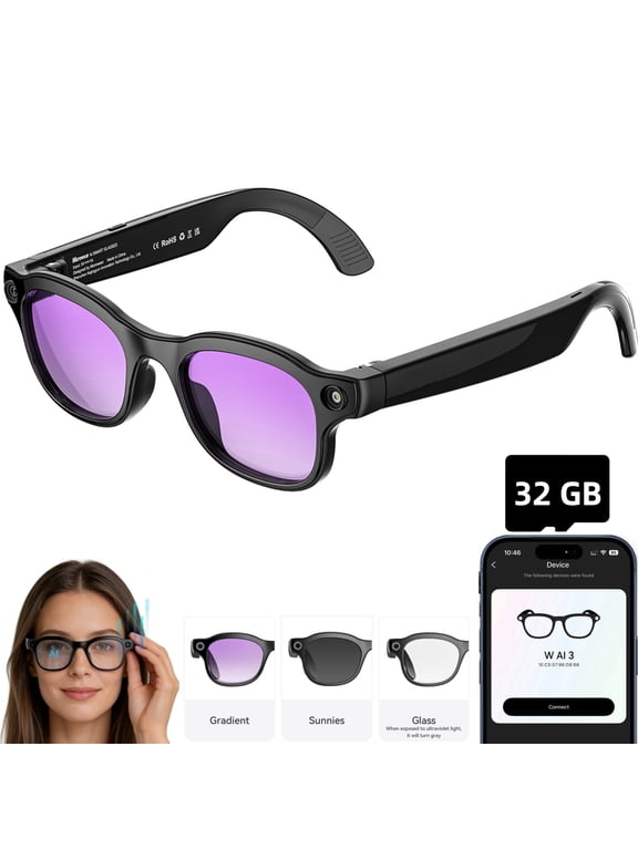 AI Smart Glasses with Camera, 3 Lenses, 8MP HD Bluetooth Camera Glasses, Video Recording Sunglasses for Women Men, Real Time Translation, Voice Assistant, Open-Ear Audio for Travel, Work, Vlog(32G)