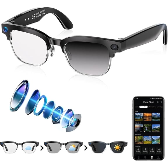 AI Smart Glasses with Camera,4K EIS Video Recording, Real-Time Translation, AI Object Recognition, Open-Ear Speakers, AI Voice Assistant, Bluetooth Calling, IP66 Water Resistance, Photochromic Lenses