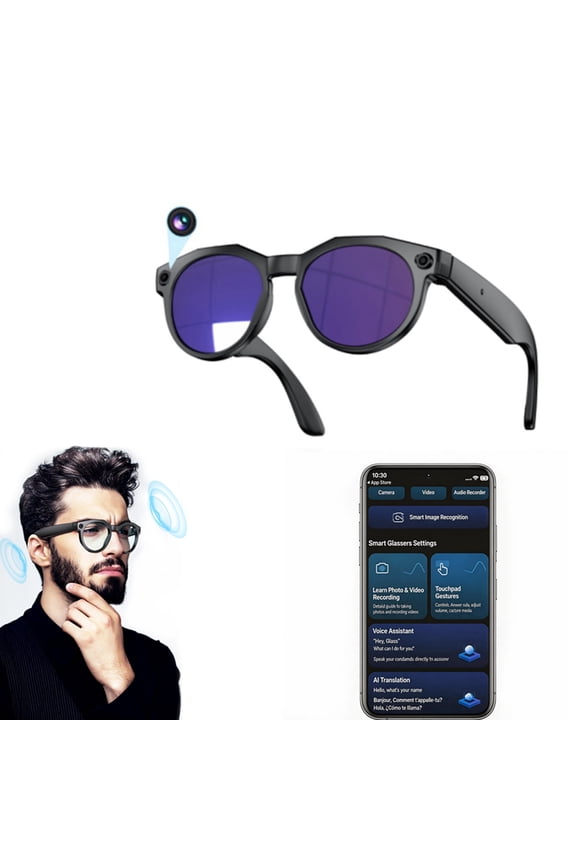 AI Smart Glasses with Camera, 4K HD Video & Photo Capture, Real-Time Translation, Recording Glasses with AI Assistant, Open-Ear Audio, Object Recognition, Bluetooth, for Travel