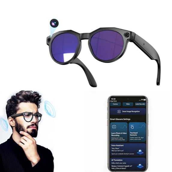 AI Smart Glasses with Camera, 4K HD Video & Photo Capture, Real-Time Translation, Recording Glasses with AI Assistant, Open-Ear Audio, Object Recognition, Bluetooth, for Travel