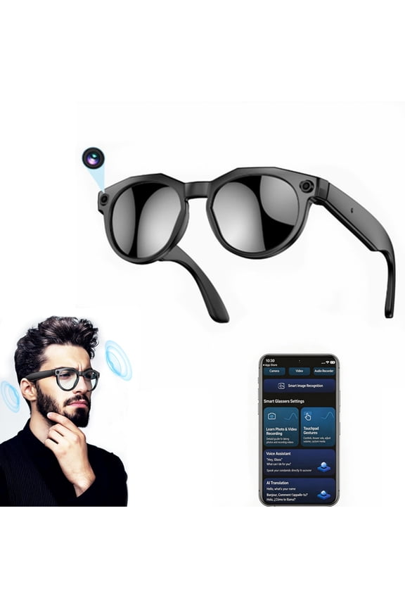 AI Smart Glasses with Camera, 4K HD Video & Photo Capture, Real-Time Translation, Recording Glasses with AI Assistant, Open-Ear Audio, Object Recognition, Bluetooth, for Travel