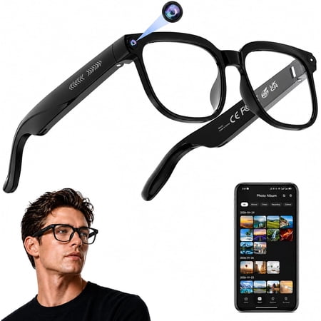 AI Smart Glasses with Camera, 4K HD Video & Photo Capture, Real-Time Translation, Recording Glasses with AI Assistant, Open-Ear Audio, Object Recognition, Bluetooth, for Travel (Transparent Lens)