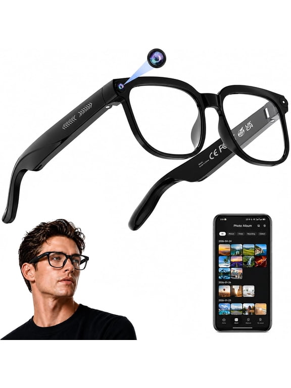 AI Smart Glasses with Camera, 4K HD Video & Photo Capture, Real-Time Translation, Recording Glasses with AI Assistant, Open-Ear Audio, Object Recognition, Bluetooth, for Travel (Transparent Lens)