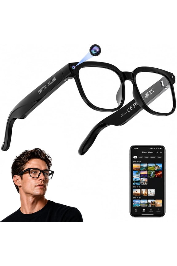 AI Smart Glasses with Camera, 4K HD Video & Photo Capture, Real-Time Translation, Recording Glasses with AI Assistant, Open-Ear Audio, Object Recognition, Bluetooth, for Travel (Transparent Lens)