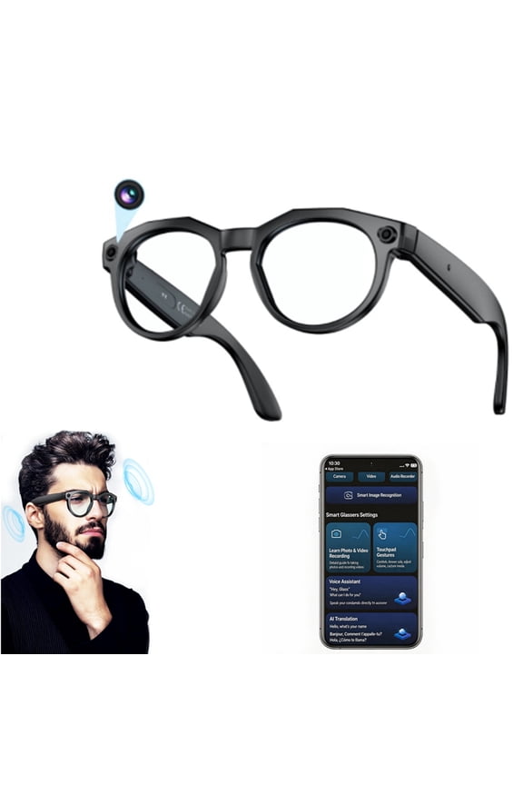 AI Smart Glasses with Camera, 4K HD Video & Photo Capture, Real-Time Translation, Recording Glasses with AI Assistant, Open-Ear Audio, Object Recognition, Bluetooth, for Travel