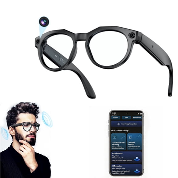 AI Smart Glasses with Camera, 4K HD Video & Photo Capture, Real-Time Translation, Recording Glasses with AI Assistant, Open-Ear Audio, Object Recognition, Bluetooth, for Travel