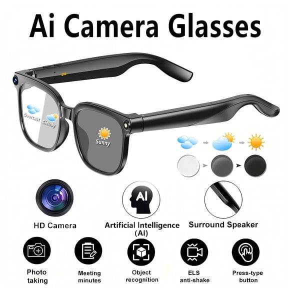 AI Smart Glasses with Camera, 4K HD Video & Photo Capture, Real-Time Translation, Recording Glasses with AI Assistant, Open-Ear Audio, Object Recognition, Physically-Changing Lenses.