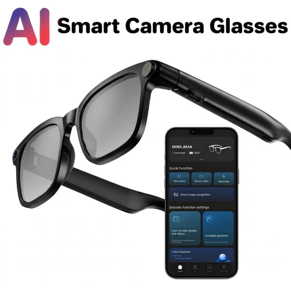 AI Smart Glasses with Camera, 800W Video Recording Glasses with Audio, Wireless Sunglasses with Camera, Real-Time Translation, Voice Assistant, Object Recognition, Hands-Free Music Calls