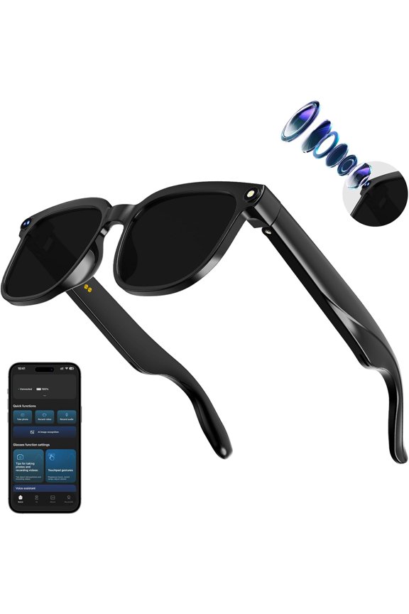AI Smart Glasses with Camera,8MP Camera Glasses,1080P Anti-Shake Video Recording, Real Time Translation,AI Voice Assistant,Object Recognition,Bluetooth Sunglasses for Men,Women
