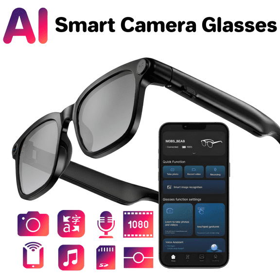 AI Smart Glasses with Camera,8MP Camera Glasses,1080P Anti-Shake Video Recording, Real Time Translation,AI Voice Assistant,Object Recognition,Photochromic glasses